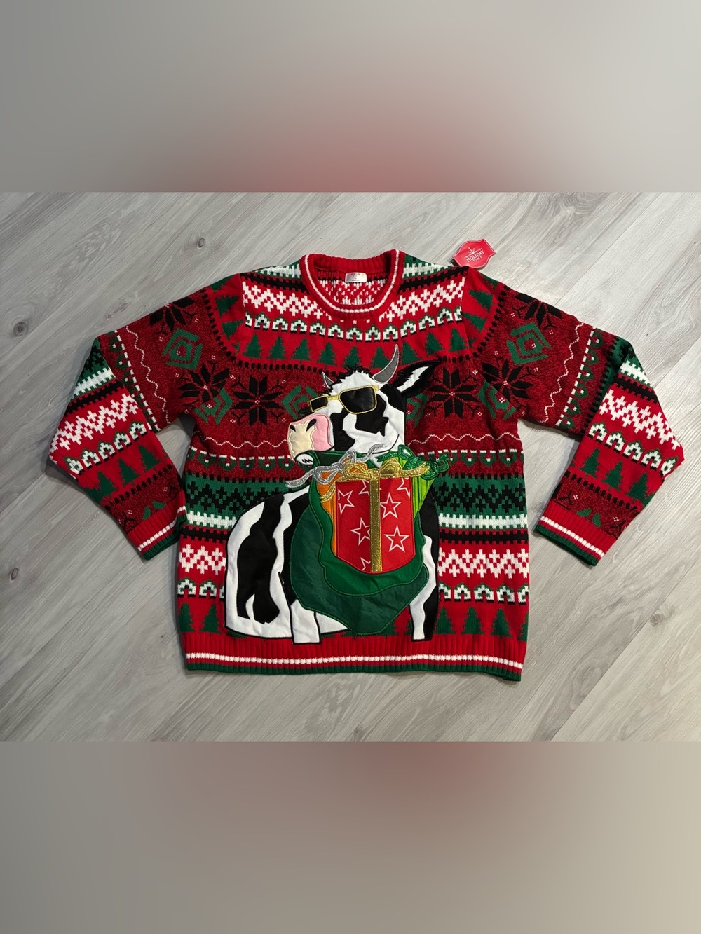 Unisex Holiday Time Red & Green Cow Patch Crewneck Sweater